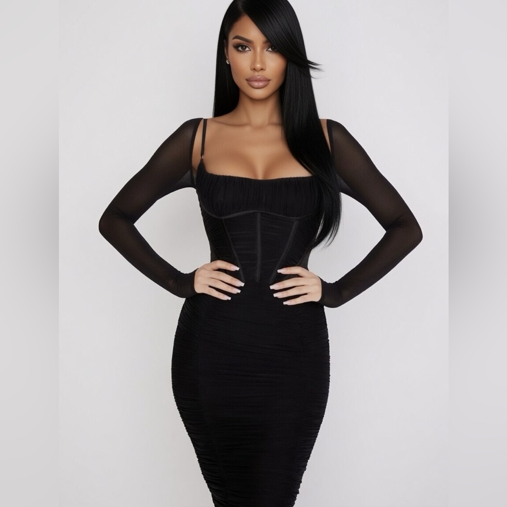House Of Cb Freyja Satin Ruched Long Sleeve Body-Con Dress - Black Xs A/C Nwt